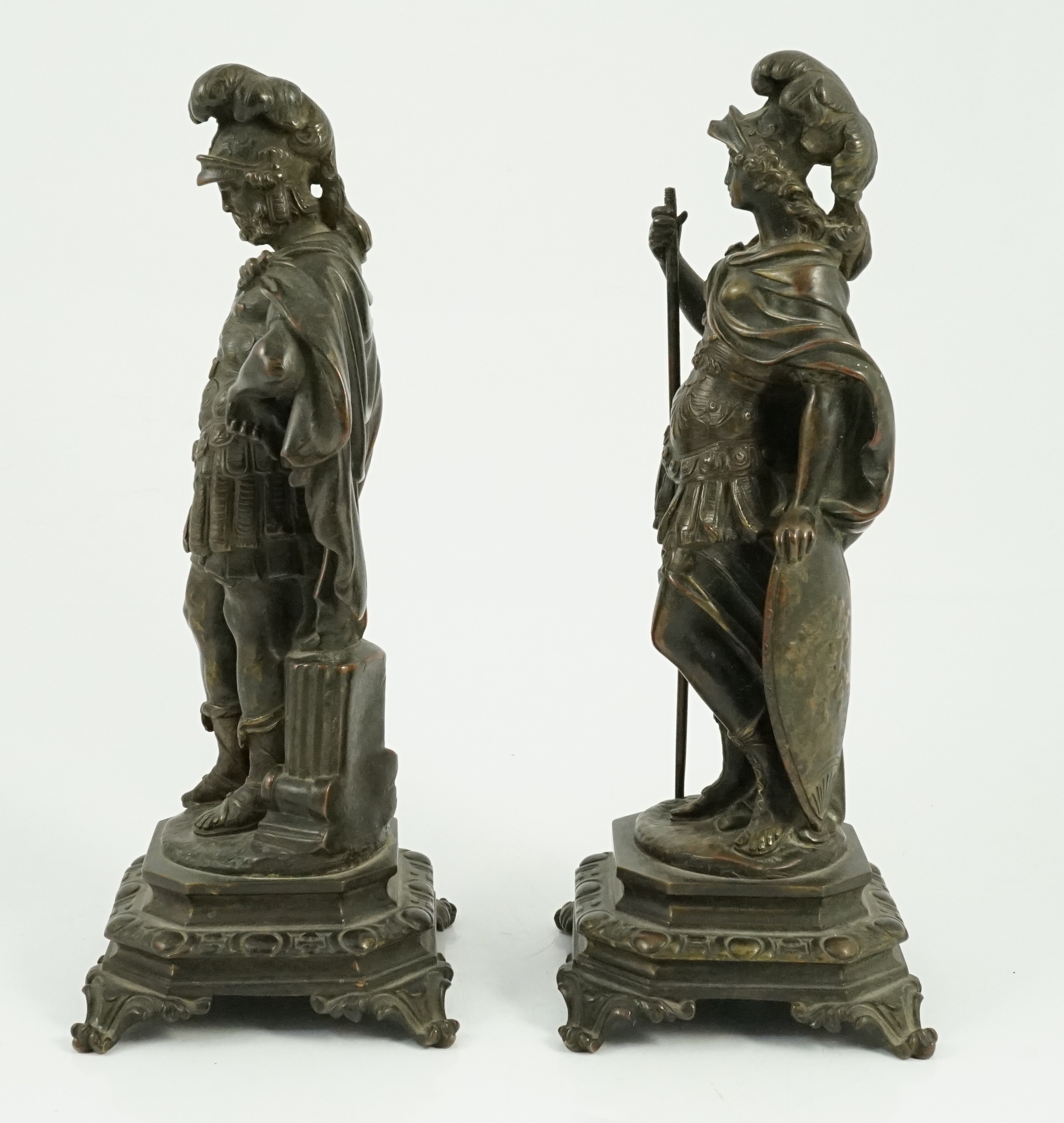 After Auguste Moreau (French, 1834-1917). A pair of 19th century bronze figures representing Pallas Athena/ Minerva and Ares/ Mars, 11cm wide, 11cm deep, 29cm high